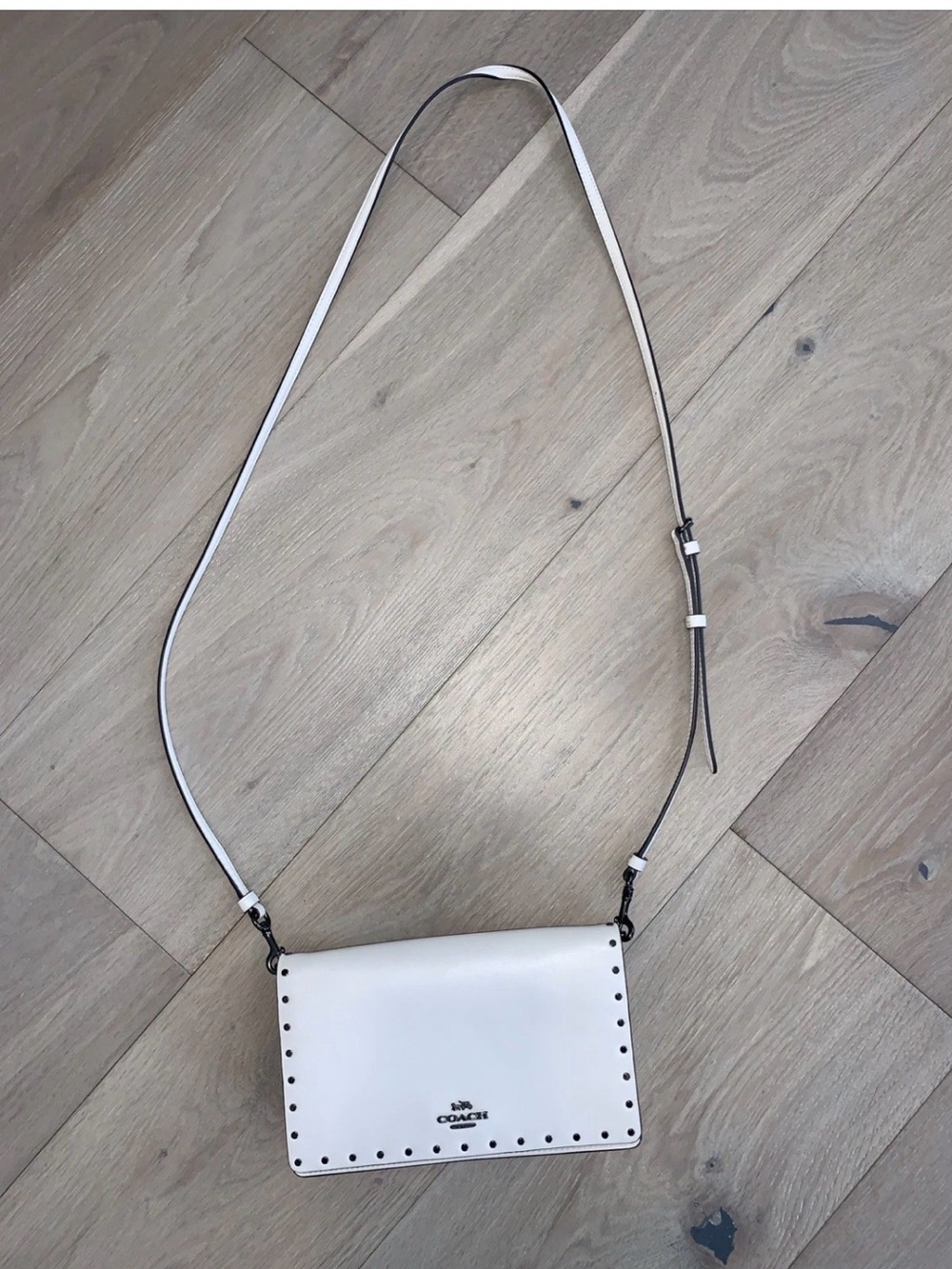 Coach Chalk White Leather Stud-Trim Adjustable Crossbody Purse